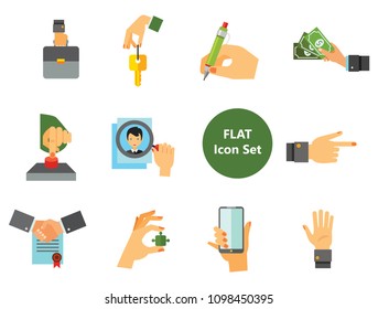 Business Hand Icon Set. Thumb Up Press Button Pointing Finger Writing Raising Hands Palm Holding Key Phone Puzzle Briefcase Hand With Banknotes Magnifier Partnership