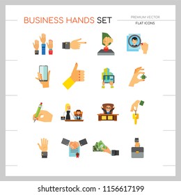 Business Hand Icon Set. Thumb Up Press Button Pointing Finger Writing Raising Hands Palm Hand With Key Phone Puzzle Briefcase Banknotes Magnifier Partnership Handshake