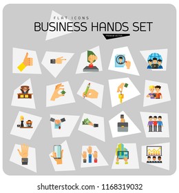 Business Hand Icon Set. Thumb Up Press Button Pointing Finger Writing Raising Hands Palm Hand With Key Phone Puzzle Briefcase Banknotes Magnifier Partnership Handshake