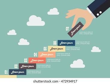 Business hand insert a piece of staircase infographic. Financial business plan