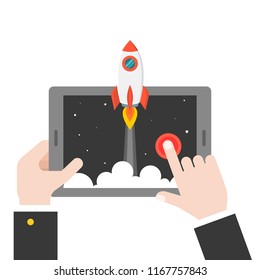 business hand launching rocket from tablet or smart phone, start up concept in flat design