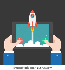 business hand launching rocket from tablet or smart phone, start up concept in flat design