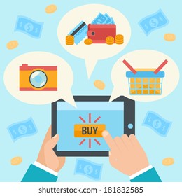 Business hand making internet purchase in online shop using mobile tablet concept vector illustration