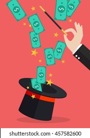 Business hand with money flying out of the magic hat. Business concept
