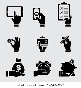 Business hand with object icons set, Vector illustration 