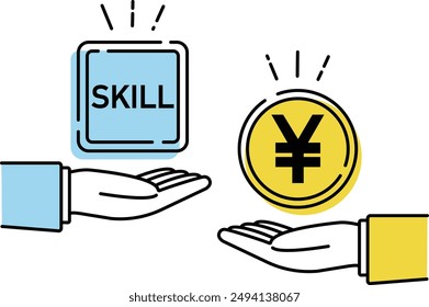 Business man’s hand offering skill’s block and Japanese yen coin