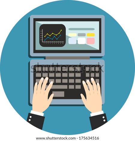 Business hand on notebook computer keyboard with open screen vector illustration