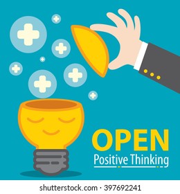 Business hand open meditation of Light bulb with plus symbol flying. Open positive thinking in business concept. Cartoon flat and line design. Vector illustration