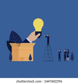 Business hand out of box, holds idea, team receives it metaphor of think out of the box. Illustration For Wallpaper, Banner, Background, Book Illustration, And Web Landing Page.