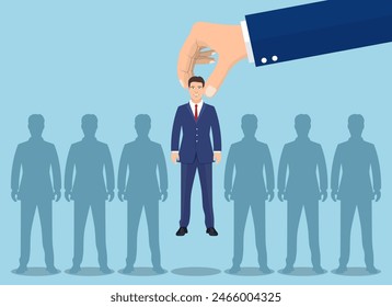 Business hand picking up a businessman. concept of searching for professional stuff, head hunter job, employment issue, human resources management. Vector illustration in flat style