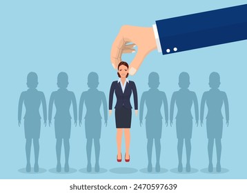 Business hand picking up a businesswoman. concept of searching for professional stuff, head hunter job, employment issue, human resources management. Vector illustration in flat style