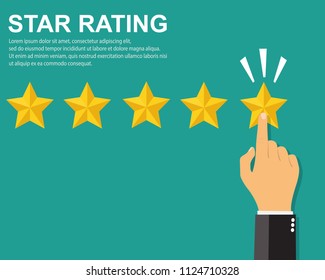 Business hand pointing at one of five stars. Rating.Vector illustration.