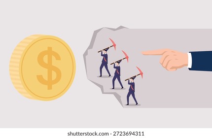 Una mano de negocios apunta hacia tres obreros de traje en un borde rocoso, adyacente a una moneda de Grande dólar, que simboliza la mano de obra guiada para buscar ganancias financieras.