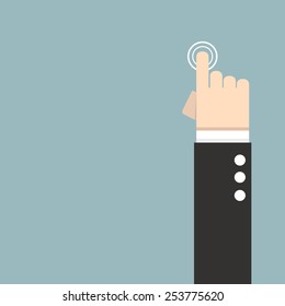 Business hand pressing a button with index finger extended, vector illustration. flat design