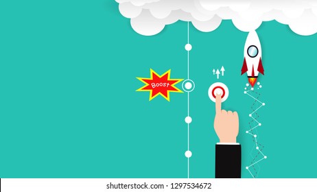 Business Hand Pushing Button For Booster Rocket To Sky, Flat Design And Paper Art, Idea Creative And Strategy, Sign And Symbol Vector