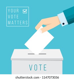 Business hand putting a ballot in a ballot box. Vote concept flat drawn style vector design illustration