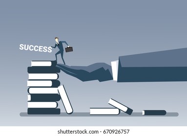 Business Hand Putting Businessman On Books Stack Strategy Success Education Intelligence Concept Vector Illustration