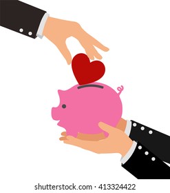 Business Hand Putting Red Heart into a piggy bank