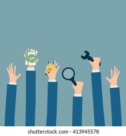Business hand rise up and holding tool,glass,money,and light bulb,flat vector design.