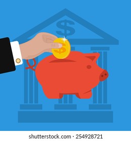business hand saving money in piggy bank. Graphic Design for Business Growth and Start up concept. vector illustrations.