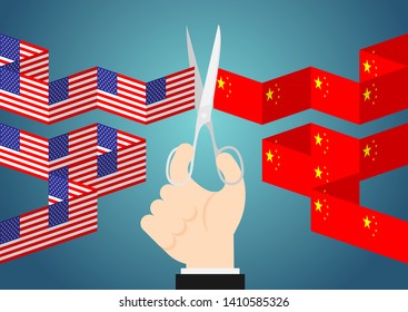 Business Hand with scissors cut flag paper chain of America and China, Trade war and tax crisis concept design illustration isolated on blue gradients background with copy space, vector eps 10