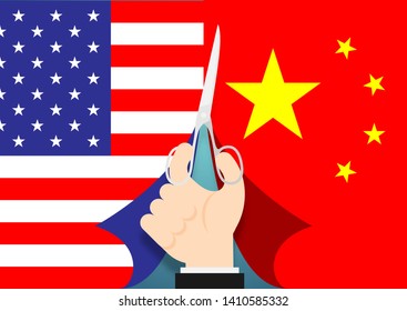 Business Hand with scissors cut flag of America and China, Trade war and tax crisis concept design illustration isolated on blue gradients background with copy space, vector eps 10