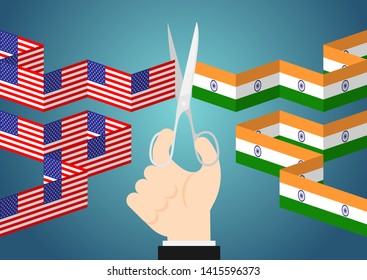 Business Hand with scissors cut flag paper chain of America and India, Trade war and tax crisis concept design illustration isolated on blue gradients background with copy space, vector eps 10