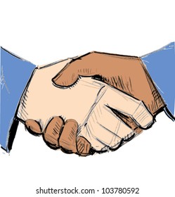 Business hand shake between two colleagues. Sketch vector illustration
