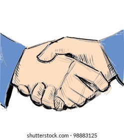 Business hand shake between two colleagues. Sketch vector illustration