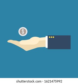 Business hand and silver coin with silver dollar sign,vector illustration