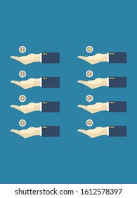 Business hand and silver coin with gold currency sign,vector illustration