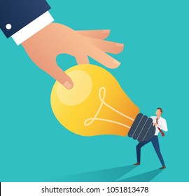 Business hand stealing idea light bulb. plagiarism concept business vector illustration. Flat design style.