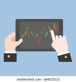 business hand tab on tablet screen with candle stick of market stock, making money online from forex or trading concept, flat design