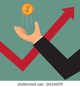 business hand throwing a coin as symbol of risk or luck with uptrend graph. vector illustration.