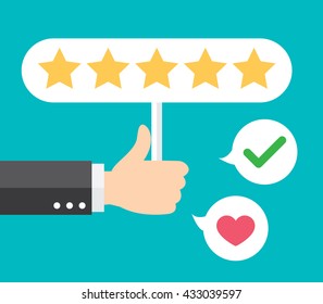 Business Hand Thumb Up With Customer Review Give A Five Star. Positive Feedback Concept. Vector Illustration. Minimal And Flat Design.