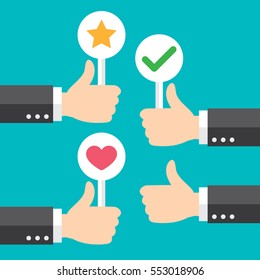 Business hand thumb up with customer review give positive feedback. good feedback concept. Vector illustration. Minimal and flat design.