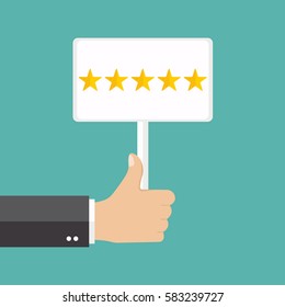Business hand thumb up with customer review give a five star. Positive feedback concept. Vector illustration.