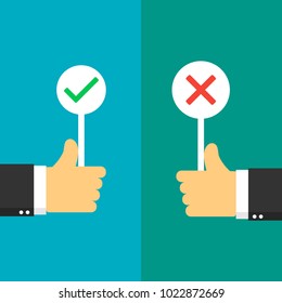 The business hand of the thumb up with a true and false sign. The symbol is ok or not. Voting in the form of raising the mark ok or not. Flat style