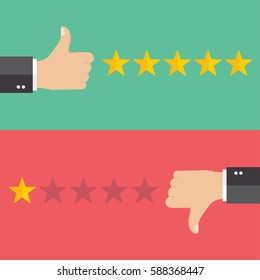 Business hand thumb up with true and false sign. Vector illustration of positive and negative feedback concept. Minimal and flat design