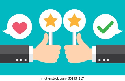 Business hand thumbs up with customer review, give a star. Positive feedback concept. Vector illustration. Modern flat design.