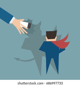 Business hand try to erase devil shadow from business man,flat vector design concept.
