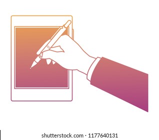 Business hand using tablet rainbow lines