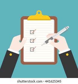 business hand writing document on clipboard, filling checklist illustration, flat design