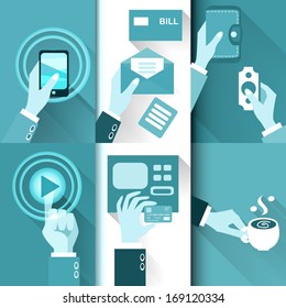 Business hands in action, pay, buy, transfer money vector illustration
