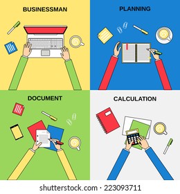 Business hands businessman planning document calculation flat line concepts set isolated  vector illustration
