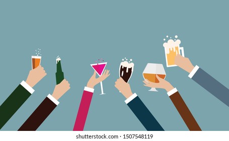 Business hands celebrating party after working,flat vector design.
