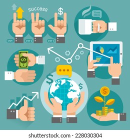Iconos de concepto de manos del negocio. Ilustración vectorial. Se puede utilizar para diseño de flujo de trabajo, banner, diagrama, diseño web, plantilla de infografía.