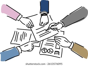 Business hands discussing documents in a meeting hand drawing vector illustration