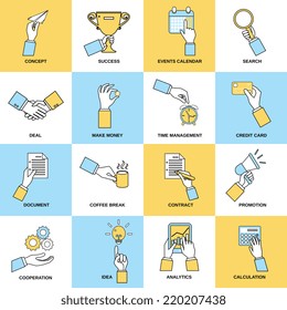 Business hands flat line set with concept success events calendar isolated vector illustration