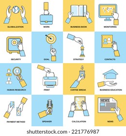 Business hands flat line set with globalization work book isolated vector illustration